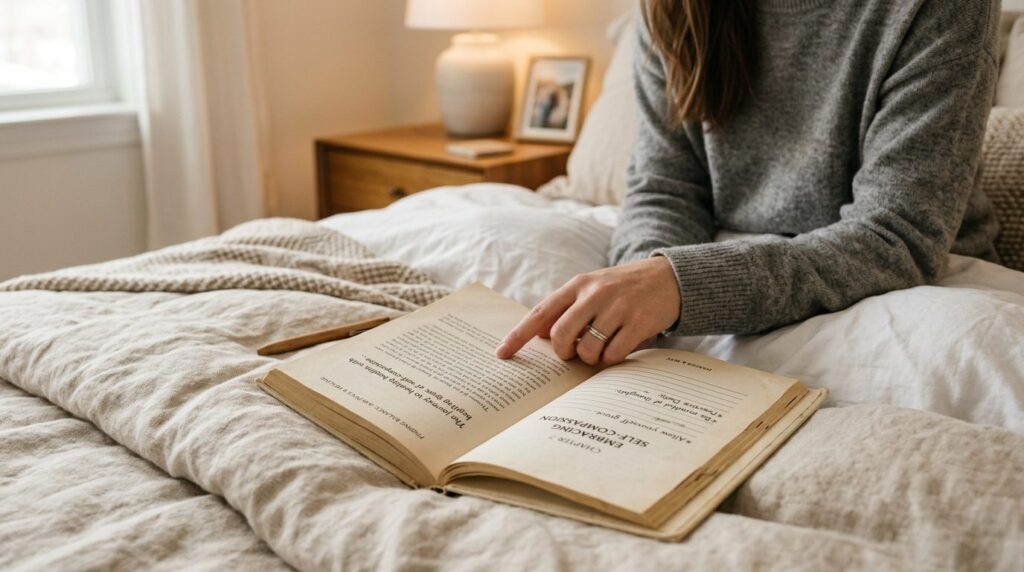 Close-up photograph of an open self-help therapy book on a b