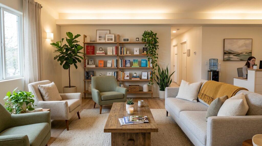Wide-angle photograph of a modern therapy office waiting roo