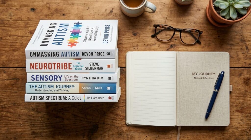 Flat lay photography of autism-related self-help books stack