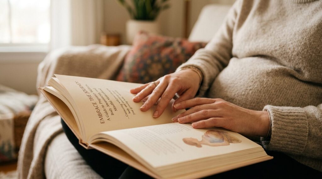 Close-up detail shot of hands holding a pregnancy wellness a