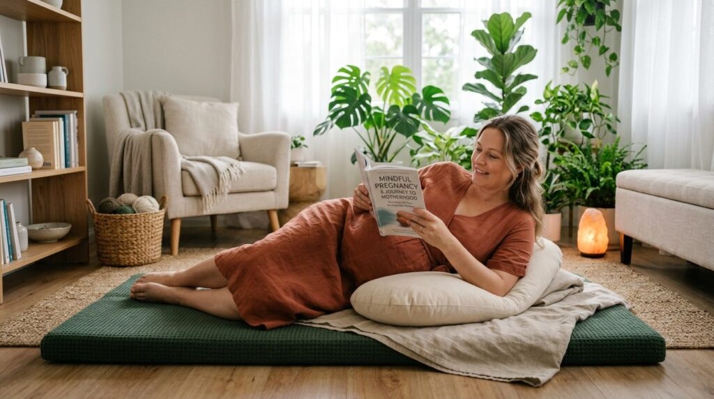 Wide shot of a peaceful pregnant woman lying on her side on 
