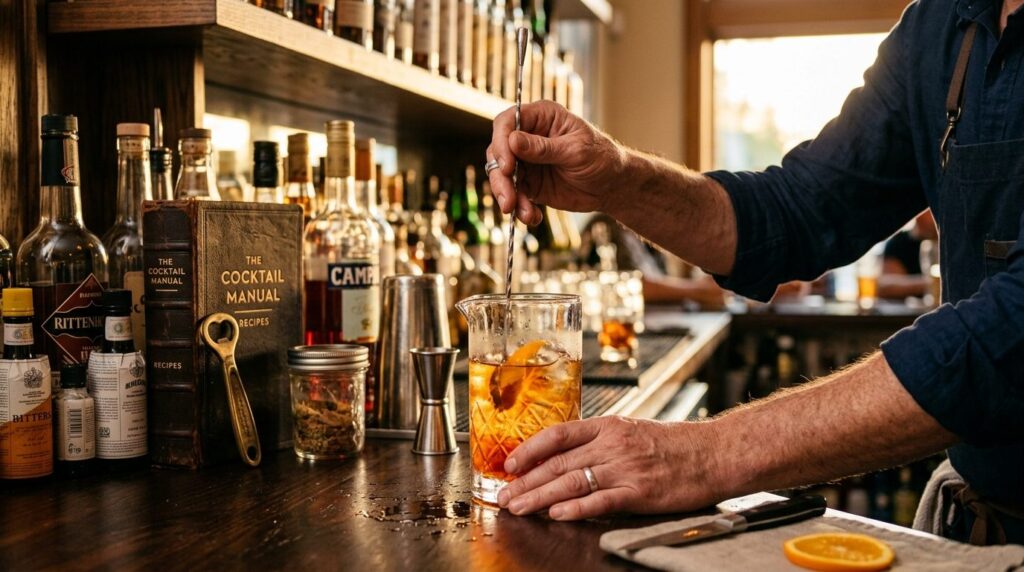 Close-up of a bartenders hands crafting a cocktail with del