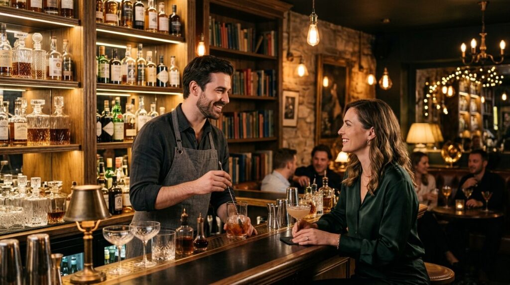 An upscale cocktail bar interior during evening service, a b