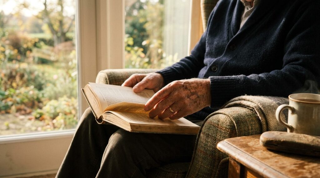 Close-up photograph of an elderly mans hands holding an ope