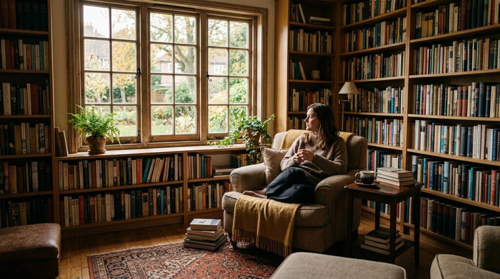 Wide-angle photograph of a peaceful home library or reading 