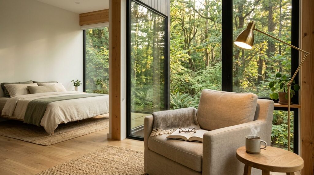 Photorealistic image of a cozy reading nook in a minimalist 