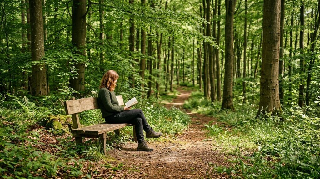 Photorealistic wide landscape shot of a solitary figure sitt