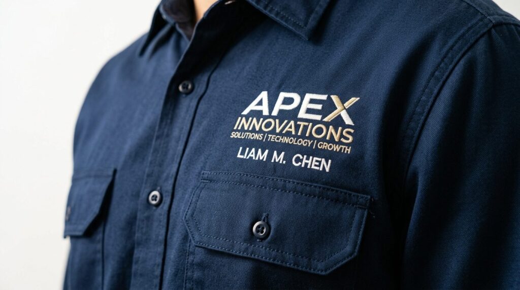 Close-up detail shot of personalized work uniform with embro
