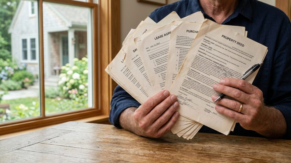 Close-up of hands holding multiple contract documents and le