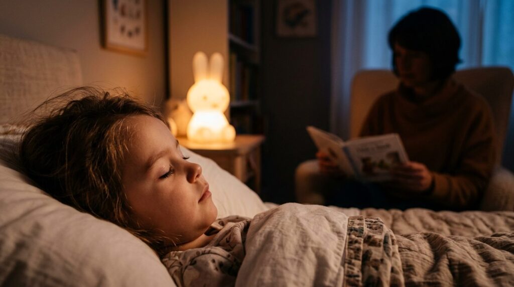 Photorealistic image of a calm, sleepy childs face in profi