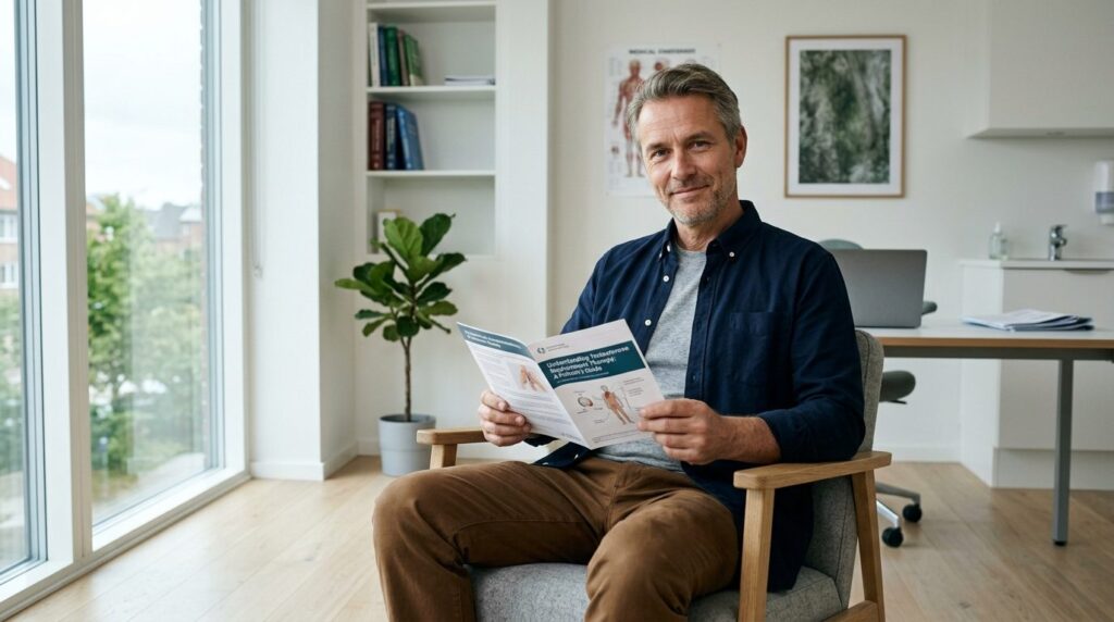 Mand i casual tøj sidder reflekteret i stue.