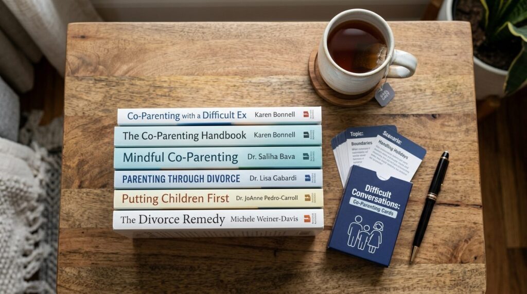 Overhead flat lay photograph of a stack of parenting and div