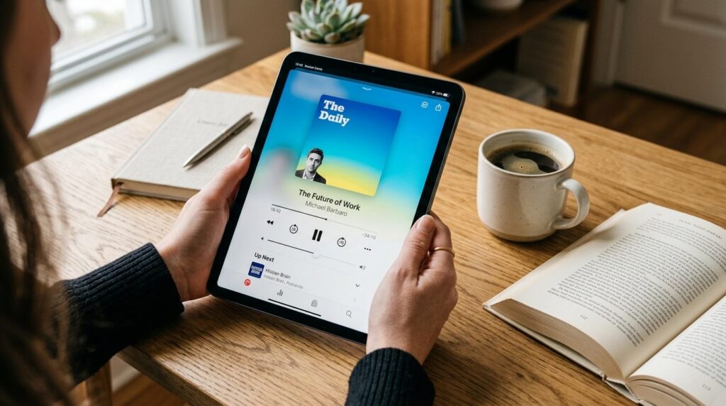 Close-up of hands holding a tablet displaying a podcast play