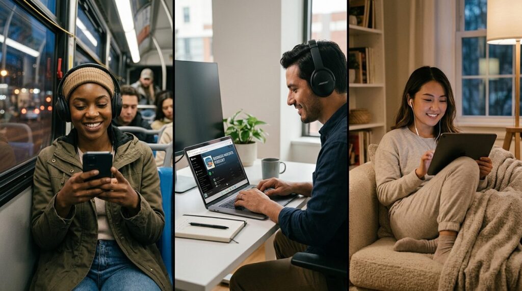 A diverse group of people in different settings listening to