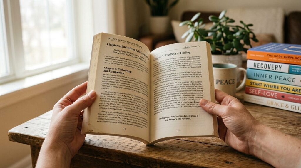 Close-up of hands holding an open book about personal growth