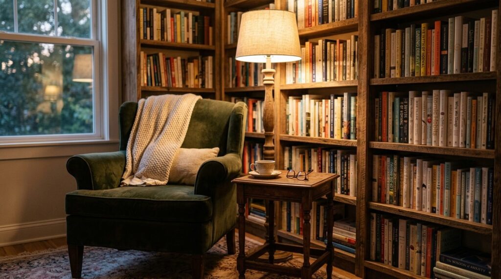 A serene home library setting with a comfortable armchair, c