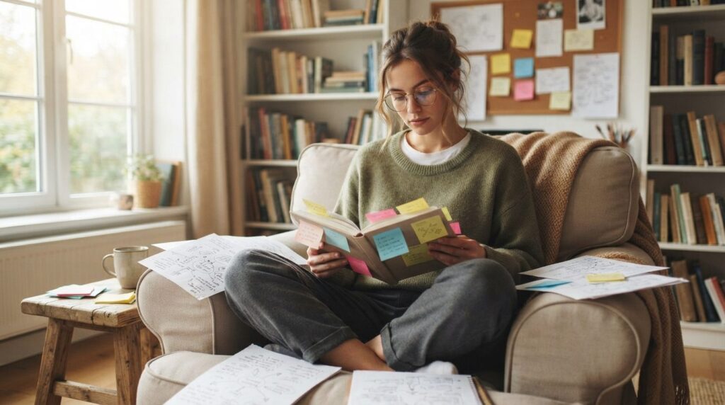 A person in casual clothing sitting cross-legged on a comfor