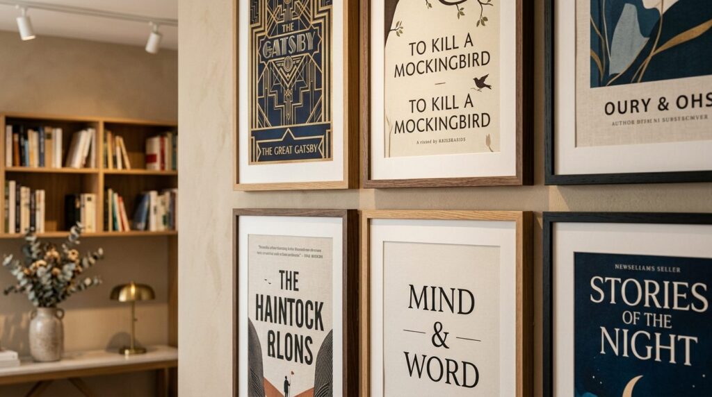 Close-up detail shot of a carefully curated wall display of 