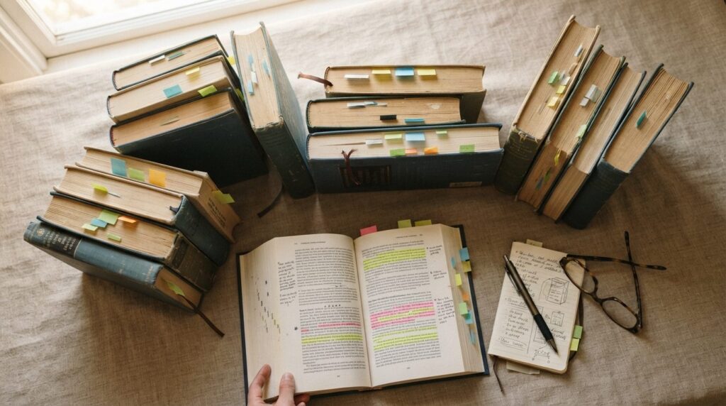Flat lay photograph of an organized collection of used profe